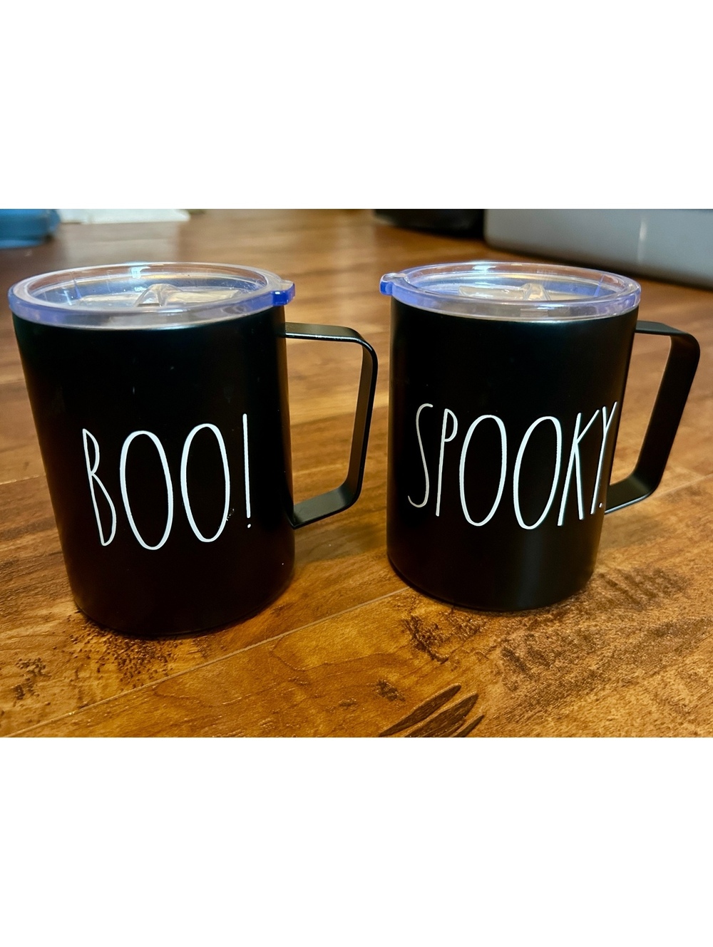 Rae Dunn Set of 2 Black Stainless Steel Travel Mugs with Lids BOO! And SPOOKY!